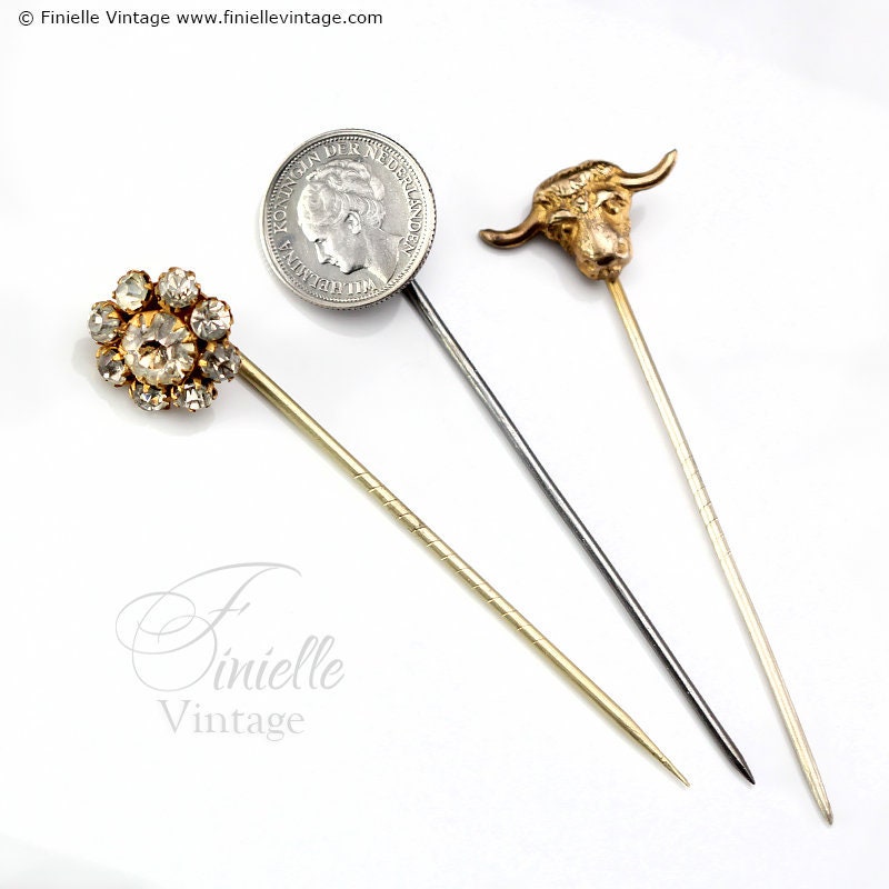 Set Antique and Vintage Stick Pins, Hat Pins, Glass Clear Rhinestones, Gold tone Bull Head, Netherlands 1937 Silver Ten Cents