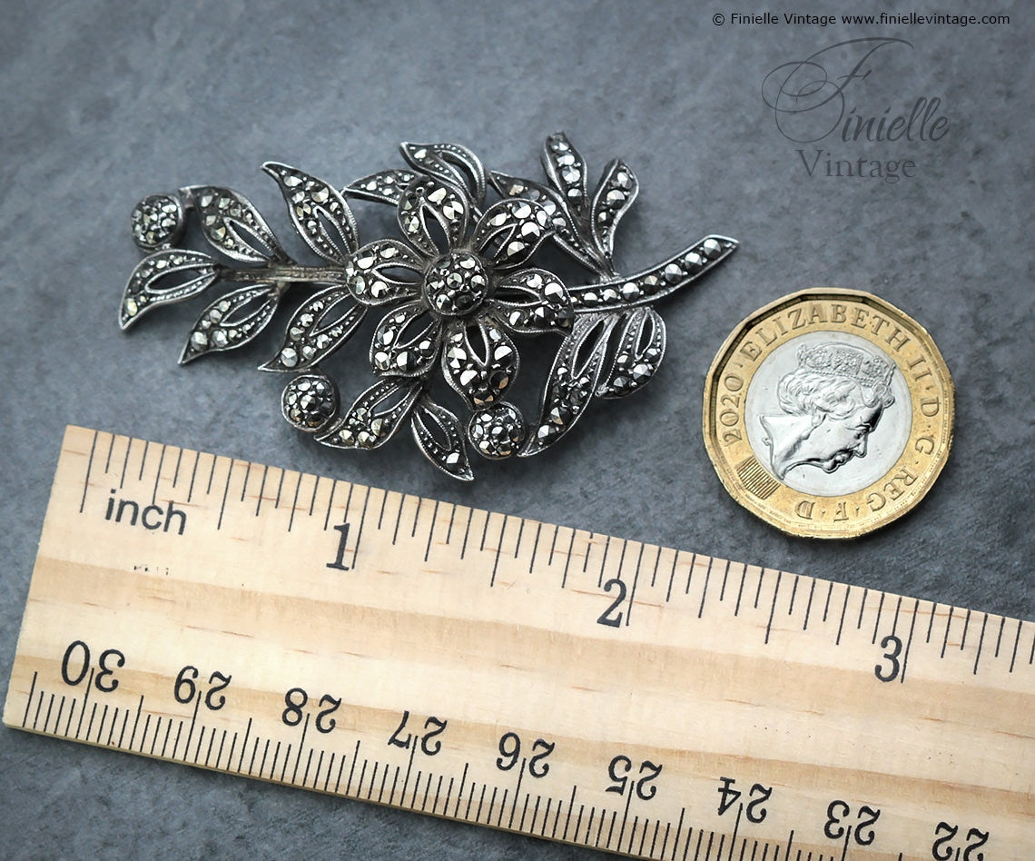 Vintage 1950s, Filigree Ornate Large Elegant Leaf Twig Brooch Pin, Sterling Silver, Marcasite, Vintage Exquisite Jewelry Jewellery