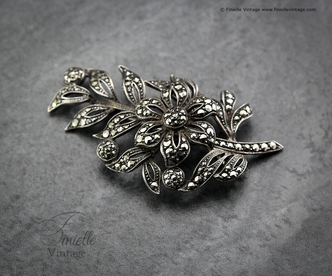 Vintage 1950s, Filigree Ornate Large Elegant Leaf Twig Brooch Pin, Sterling Silver, Marcasite, Vintage Exquisite Jewelry Jewellery