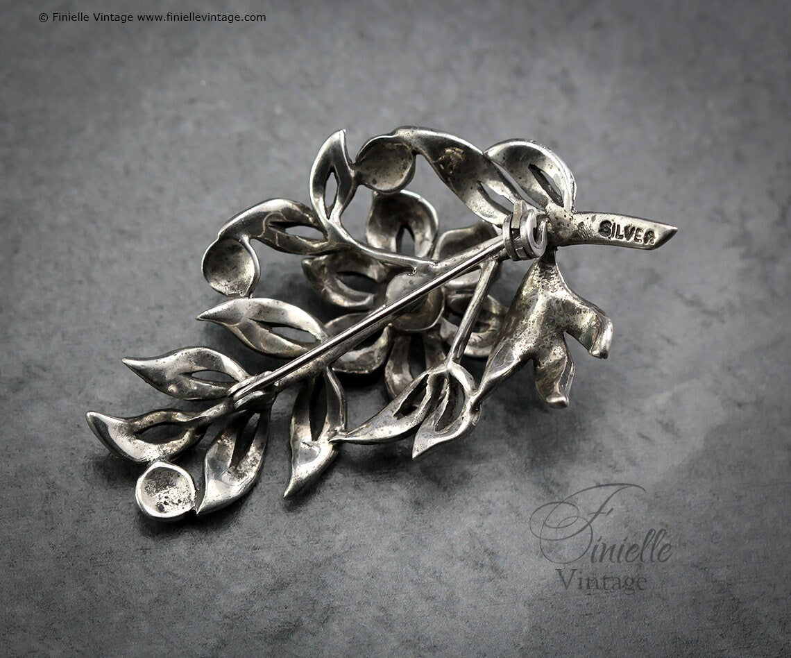 Vintage 1950s, Filigree Ornate Large Elegant Leaf Twig Brooch Pin, Sterling Silver, Marcasite, Vintage Exquisite Jewelry Jewellery