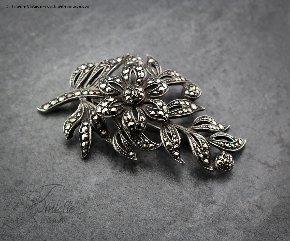 Vintage 1950s, Filigree Ornate Large Elegant Leaf Twig Brooch Pin, Sterling Silver, Marcasite, Vintage Exquisite Jewelry Jewellery