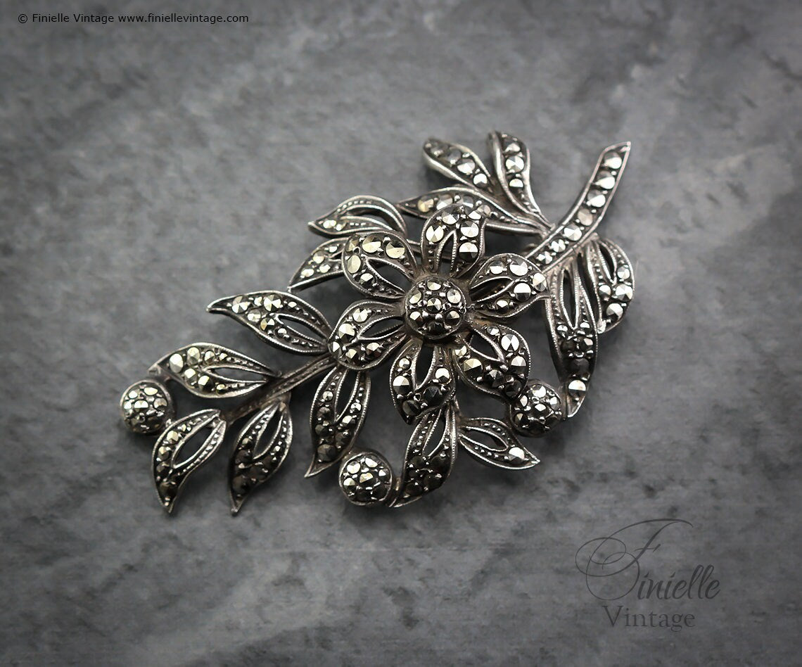 Vintage 1950s, Filigree Ornate Large Elegant Leaf Twig Brooch Pin, Sterling Silver, Marcasite, Vintage Exquisite Jewelry Jewellery