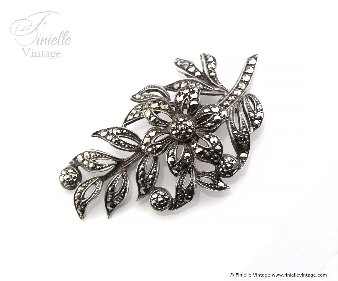 Vintage 1950s, Filigree Ornate Large Elegant Leaf Twig Brooch Pin, Sterling Silver, Marcasite, Vintage Exquisite Jewelry Jewellery