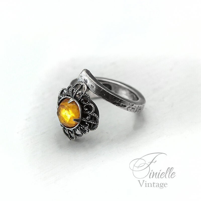 Vintage, Silver Plated Floral Ornate Spoon Ring, Yellow Vintage Glass Rhinestone, Antique Gothic Style Jewellery, Unique Gift for Women