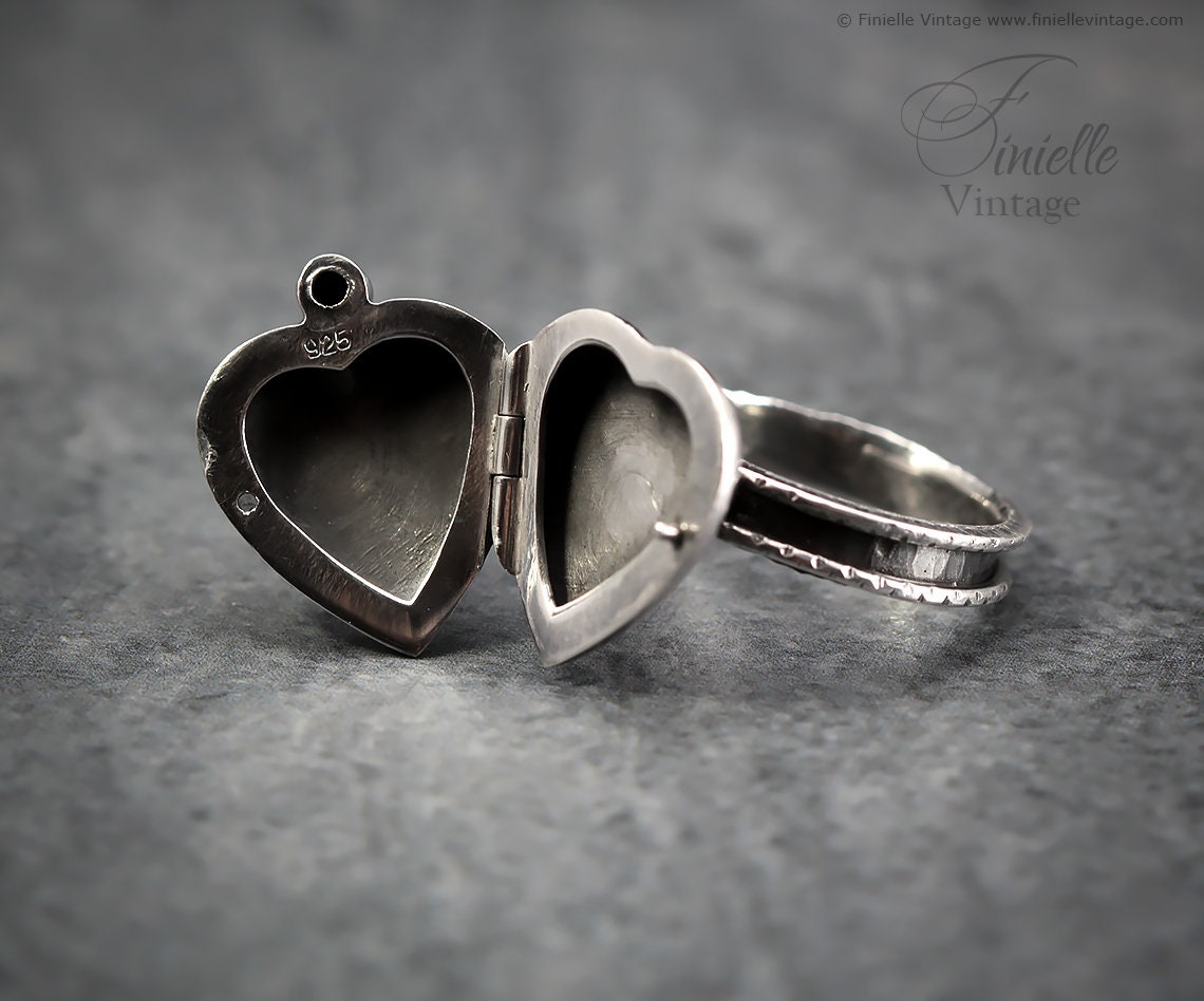 Sterling Silver Art Deco Era Engraved 2 Photo Heart Locket, Handmade Solid Silver Hammered Ring, Unique Gift for Her