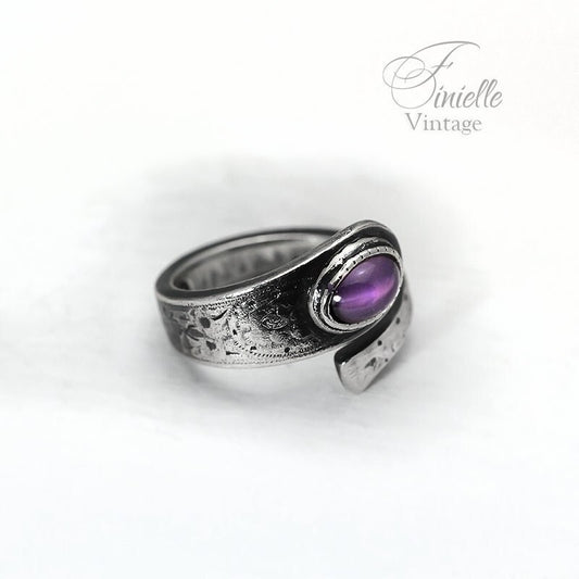 Vintage, Silver Plated Floral Ornate Spoon Ring, Moonglow Bohemian Purple Glass, Antique Style Jewelry Jewellery, Unique Gift for Women