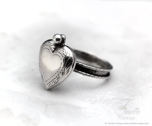 Sterling Silver Art Deco Era Engraved 2 Photo Heart Locket, Handmade Solid Silver Hammered Ring, Unique Gift for Her