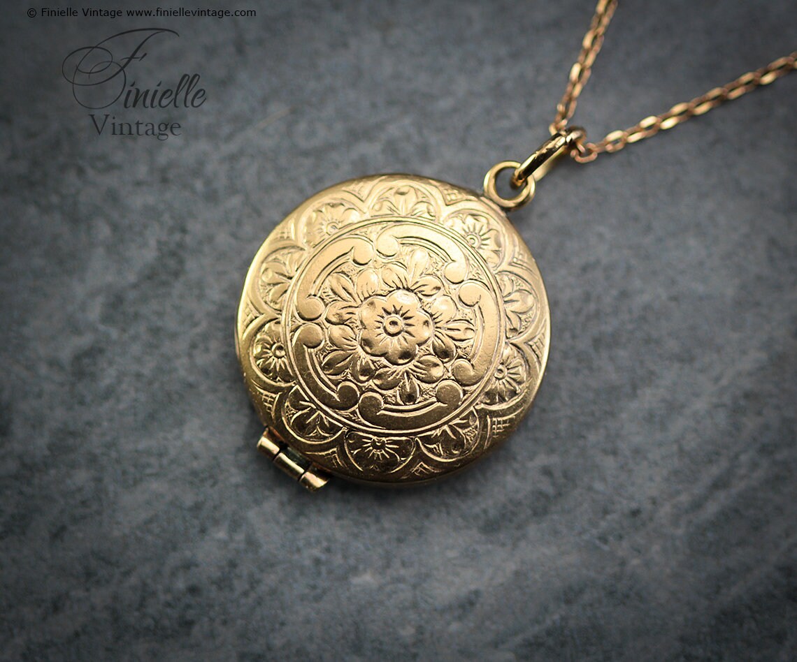 Antique Victorian Ornate Floral Charm Round Locket Pendant Necklace, 18Ct Yellow Gold Plated 20" Chain, Unique Gift