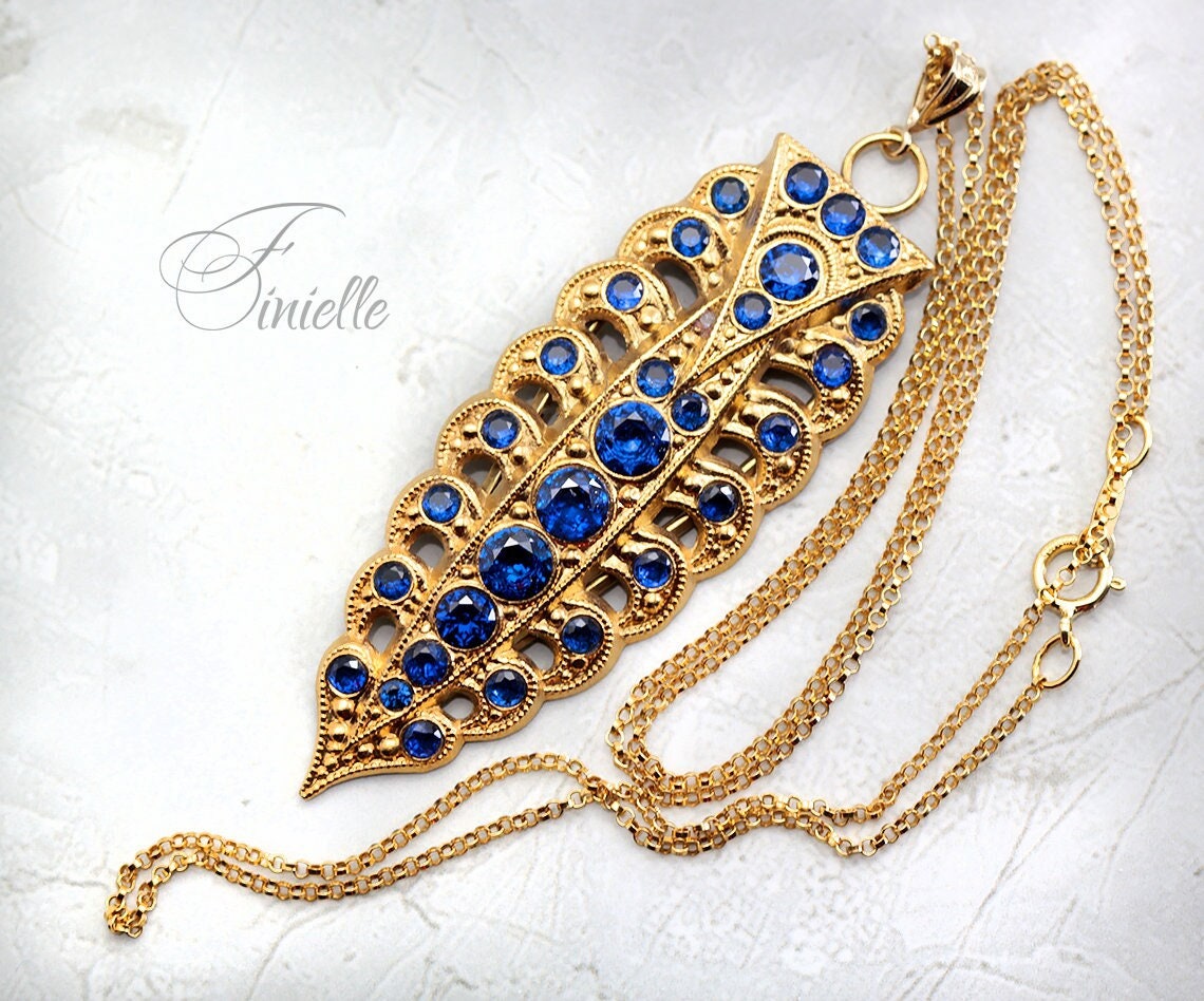 Antique Vintage Art Deco Ornate Necklace Pendant, Spinel Sapphire Blue Zirconia, Vintage Repurposed One, 18Ct Gold Plated, 20" Rolo Chain