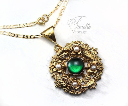 Vintage Art Deco 1915-1930 Floral Ornate Necklace Pendant, Repurposed, Moonglow Bohemian Green Glass, Freshwater Pearls, 18Ct Gold Plated
