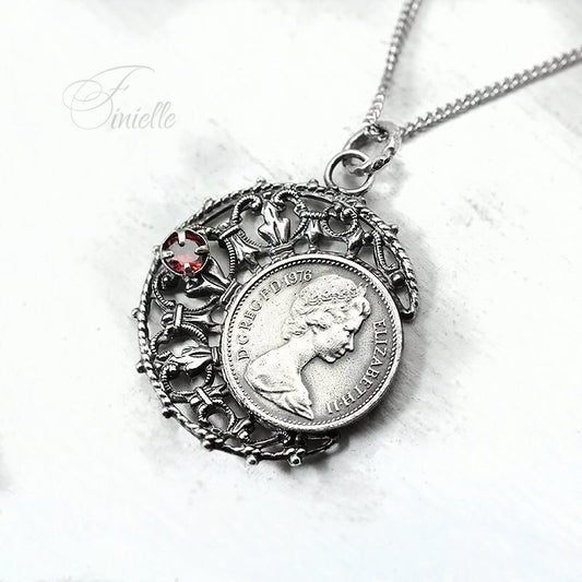 Vintage 1976 Lucky Half Penny Coin Charm Pendant Necklace, Antique Silver Plate, Sterling Silver 18" Curb Chain, Unique Birthday Gift