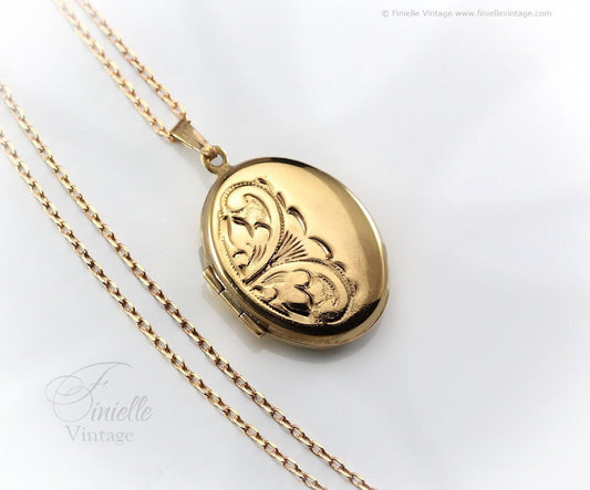 Vintage 1960s 12Ct Rolled Gold Engraved Ornate Oval Shape 2 Photo Locket Pendant, 20" Necklace, Gold Plated Brass Chain