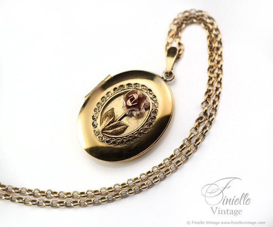 Vintage 1970s, 14Ct Gold Filled, Ornate Filigree Floral, Rose, 2 Photos Oval Locket Pendant Necklace, 18Ct Gold Plated 20.5" Rolo Chain