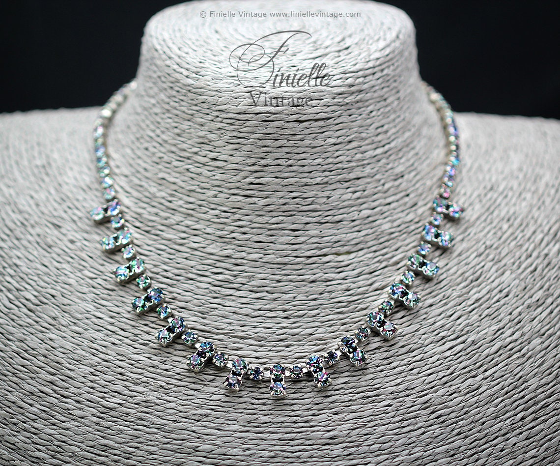 Vintage 1950-1960s Art Deco Czech Silver Plated Necklace, Iris Rainbow Glass Rhinestones, Unique Jewelry, Jewellery Gift for Woman