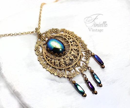 Antique Vintage 1920-1930s Czech Art Deco Repurposed One, Crescent Moon Filigree Pendant Necklace, Antique 18Ct Gold Plated, Unique Gift