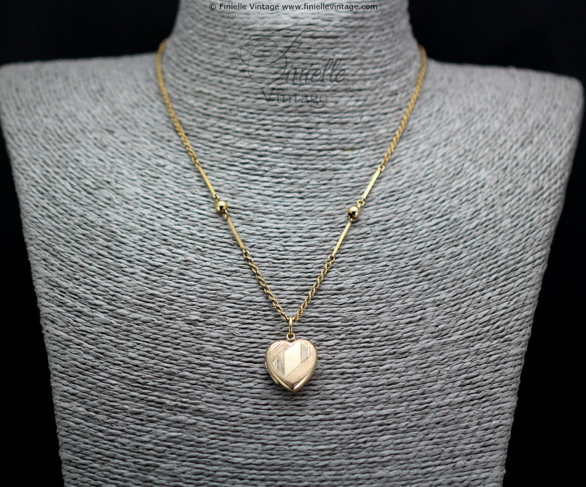 Antique 12Ct Rolled Gold Edwardian 1901-1910 Engraved Heart Charm Locket Pendant Necklace, 18Ct Yellow Gold Plated 17" Rope Bar Chain