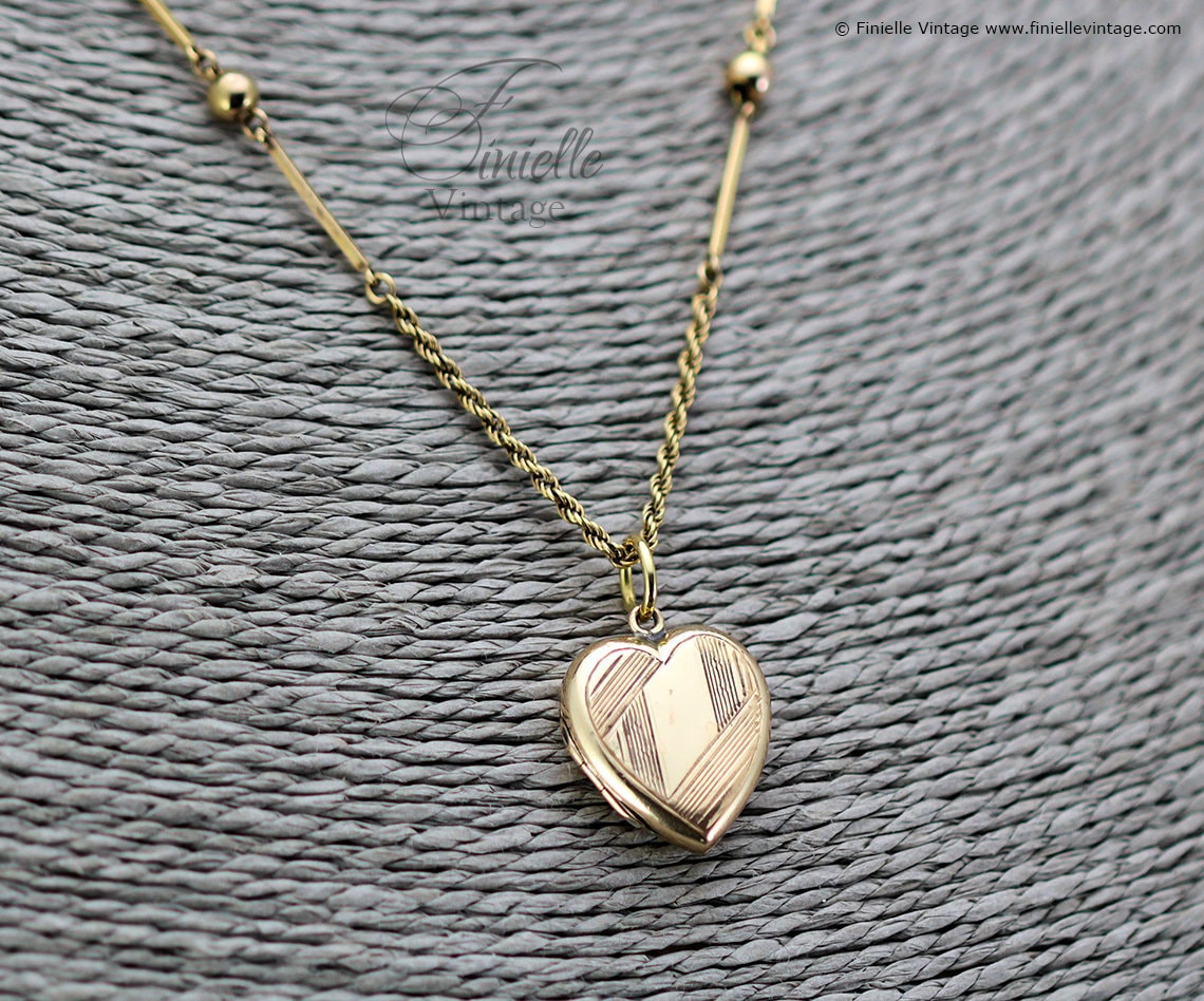 Antique 12Ct Rolled Gold Edwardian 1901-1910 Engraved Heart Charm Locket Pendant Necklace, 18Ct Yellow Gold Plated 17" Rope Bar Chain