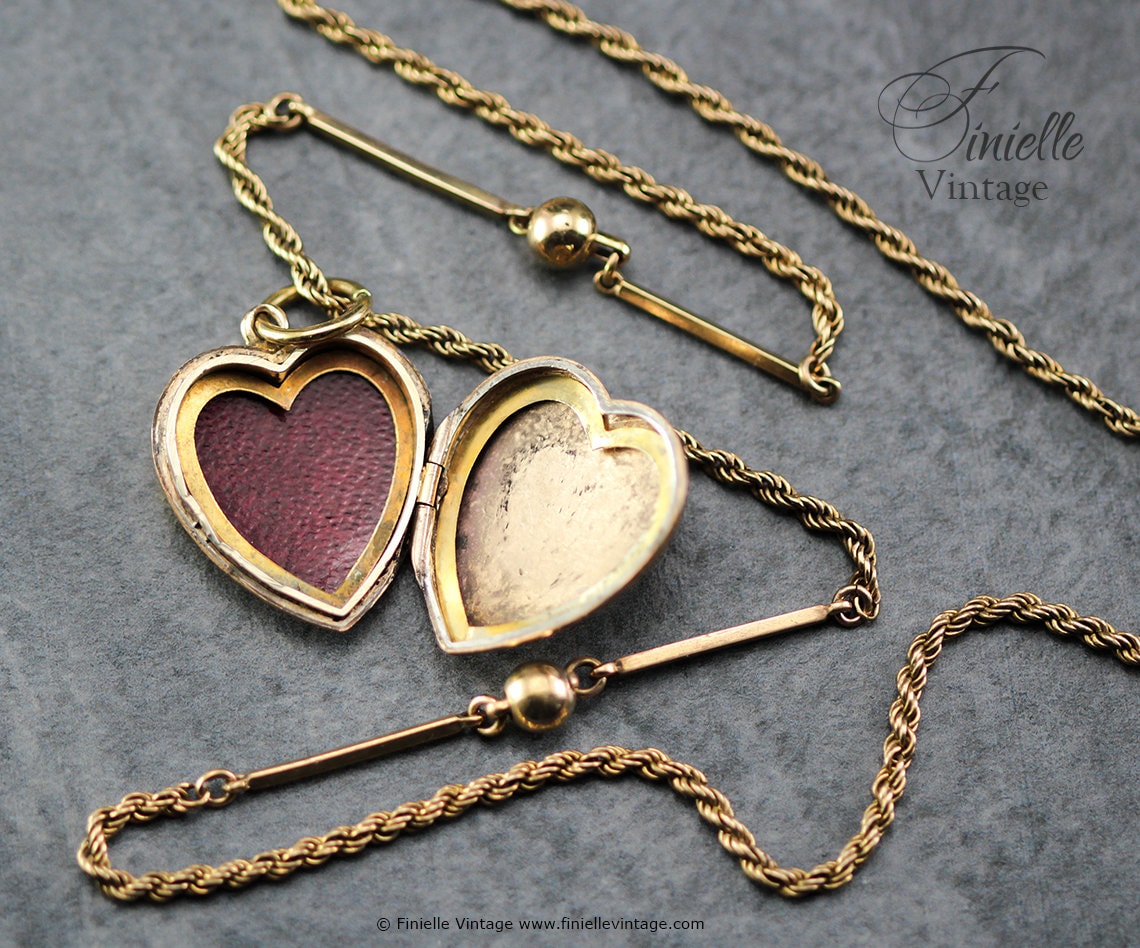 Antique 12Ct Rolled Gold Edwardian 1901-1910 Engraved Heart Charm Locket Pendant Necklace, 18Ct Yellow Gold Plated 17" Rope Bar Chain