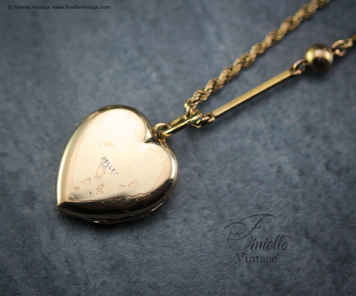 Antique 12Ct Rolled Gold Edwardian 1901-1910 Engraved Heart Charm Locket Pendant Necklace, 18Ct Yellow Gold Plated 17" Rope Bar Chain