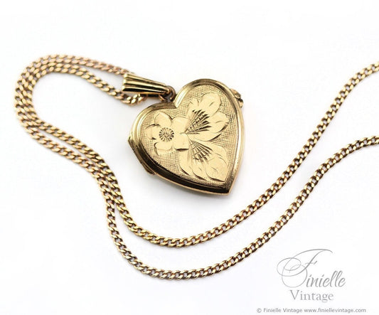 Vintage 14Ct Rolled Gold 1970s Hand Engraved Floral Heart Charm Locket Pendant Necklace, 18Ct Yellow Gold Plated 18" Plain Curb Chain