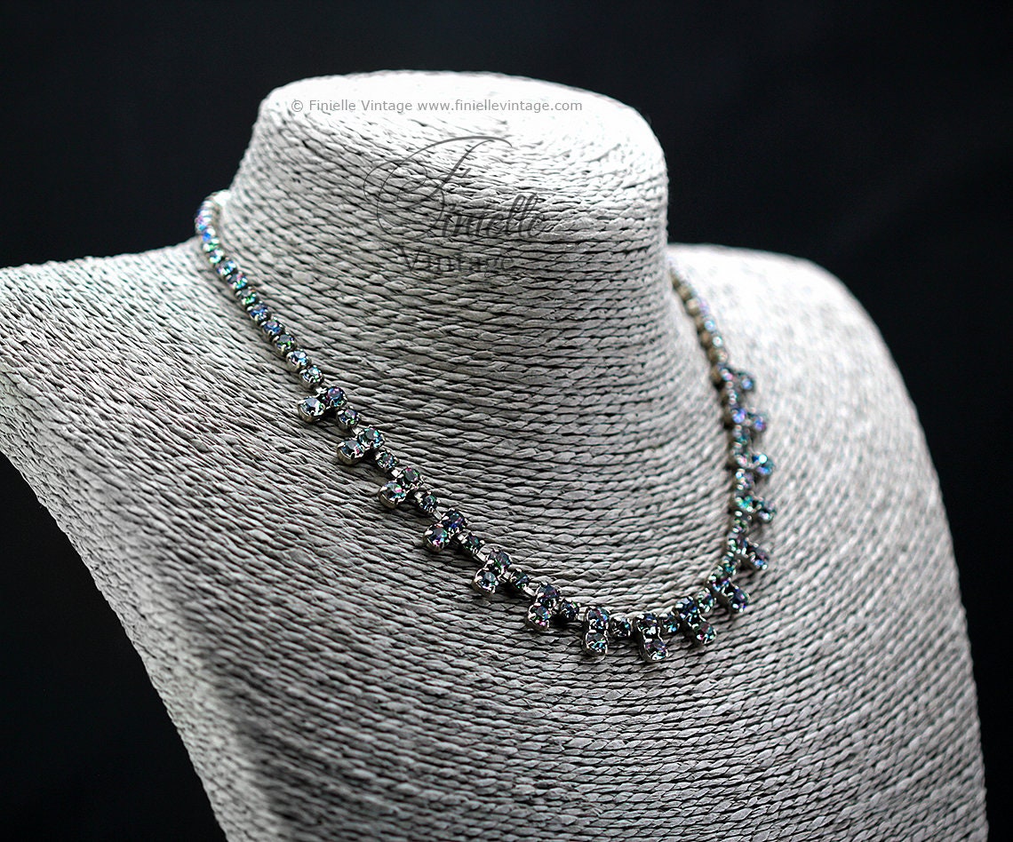 Vintage 1950-1960s Art Deco Czech Silver Plated Necklace, Iris Rainbow Glass Rhinestones, Unique Jewelry, Jewellery Gift for Woman