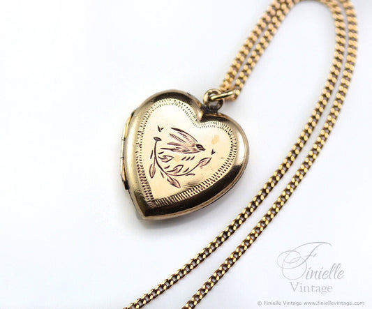 Antique Rolled Gold Victorian 1850-1900 Engraved Swallow Floral Heart Charm Locket Pendant Necklace, 18Ct Yellow Gold Plated 18" Chain