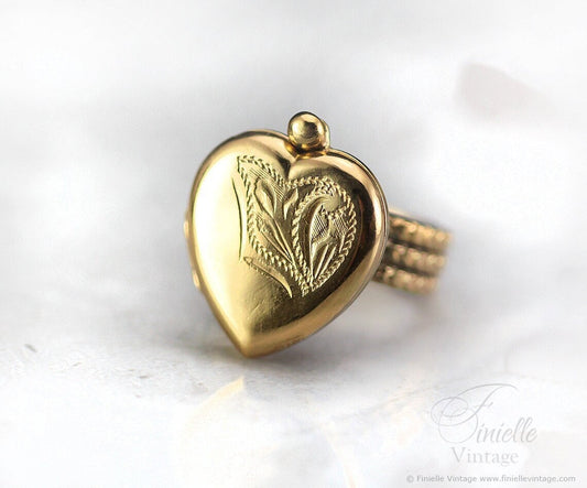 Rolled Gold Victorian Era, Engraved 2 Photo Floral Heart Locket, Handmade 18Ct Gold Plated Hammered Filigree Ring, Unique Gift for Her