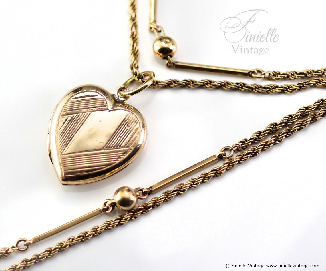 Antique 12Ct Rolled Gold Edwardian 1901-1910 Engraved Heart Charm Locket Pendant Necklace, 18Ct Yellow Gold Plated 17" Rope Bar Chain