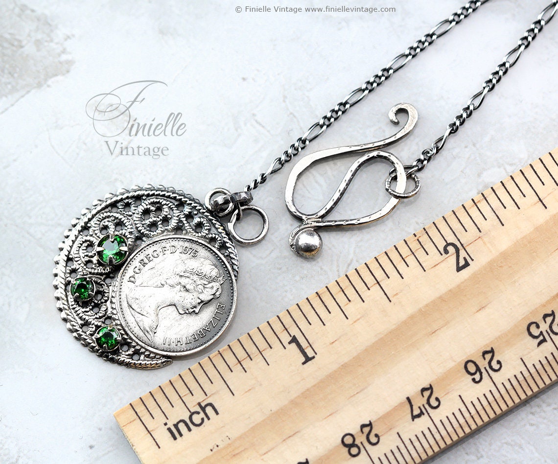 Vintage 1975 Lucky Half Penny Coin Charm Pendant Necklace, Antique Silver Plated, Sterling Silver Figaro Chain, Unique Gift