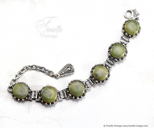 Vintage 1960s Art Deco style Connemara Marble Six Panels Heavy Ornate Bracelet, Jade, Silver Tone, Unique Vintage Jewelry Jewellery