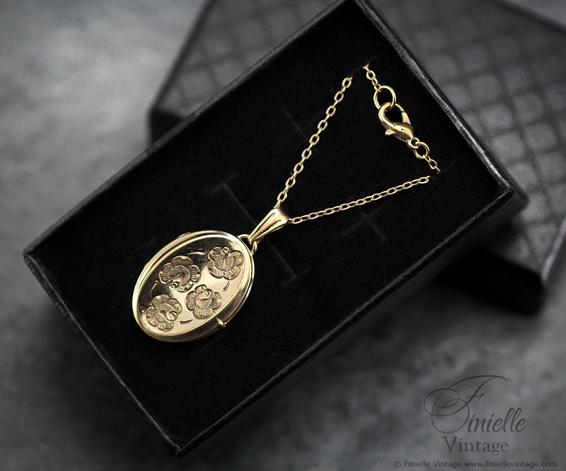 Vintage 1950s 12Ct Rolled Gold Engraved Floral Oval 2 Photo Locket Pendant, 21.2" Necklace, 18Ct Gold Plated Chain, Unique Gift Jewellery