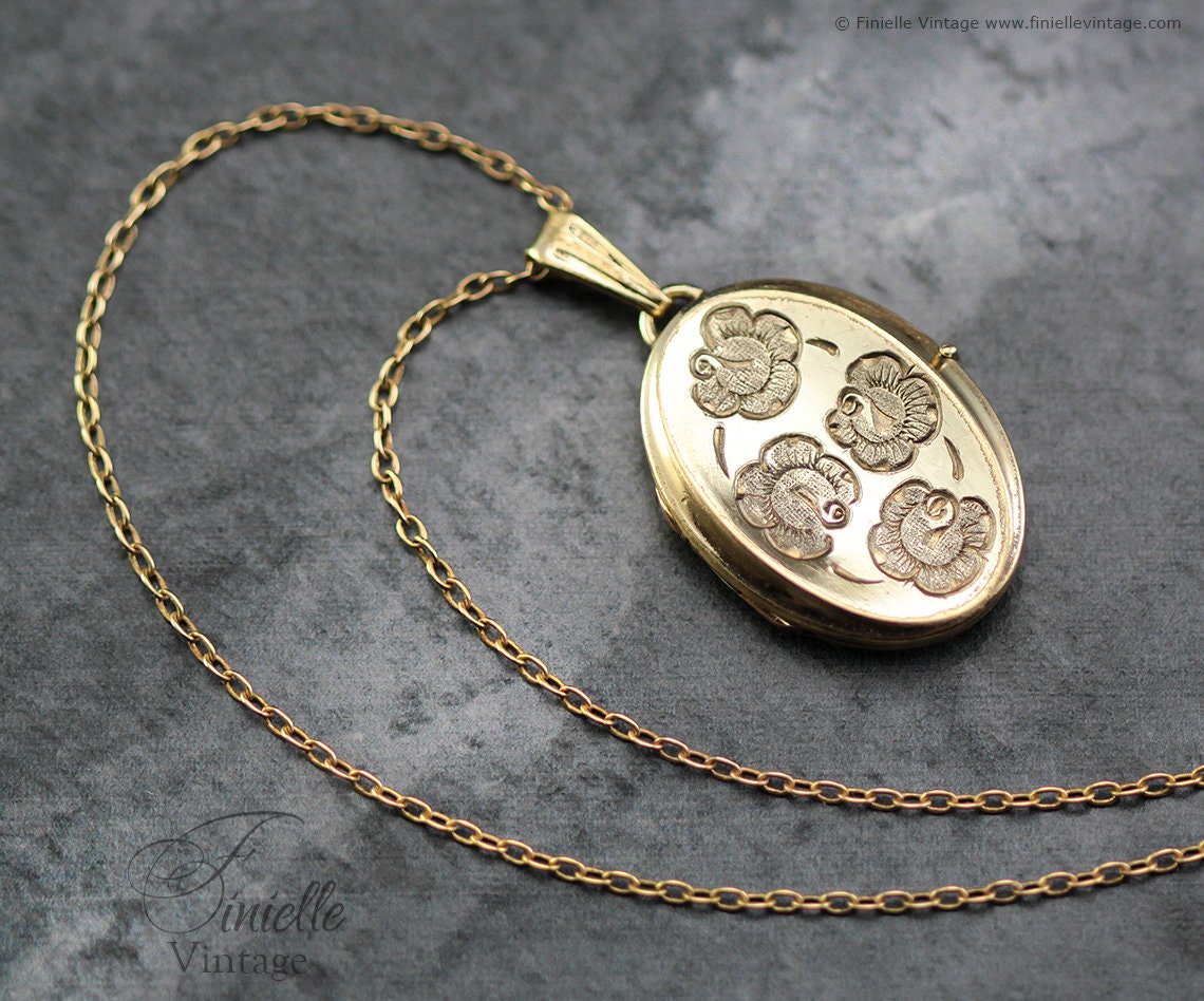 Vintage 1950s 12Ct Rolled Gold Engraved Floral Oval 2 Photo Locket Pendant, 21.2" Necklace, 18Ct Gold Plated Chain, Unique Gift Jewellery