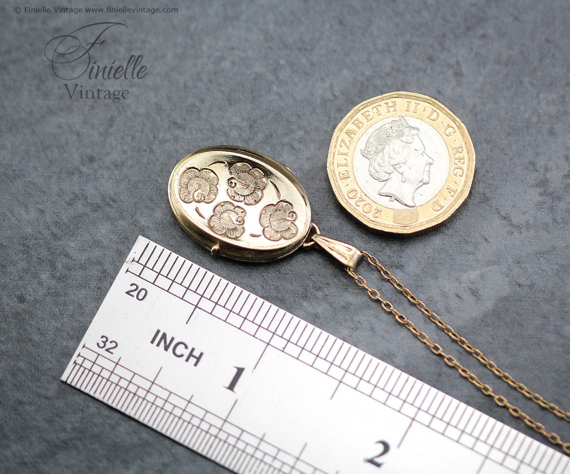 Vintage 1950s 12Ct Rolled Gold Engraved Floral Oval 2 Photo Locket Pendant, 21.2" Necklace, 18Ct Gold Plated Chain, Unique Gift Jewellery