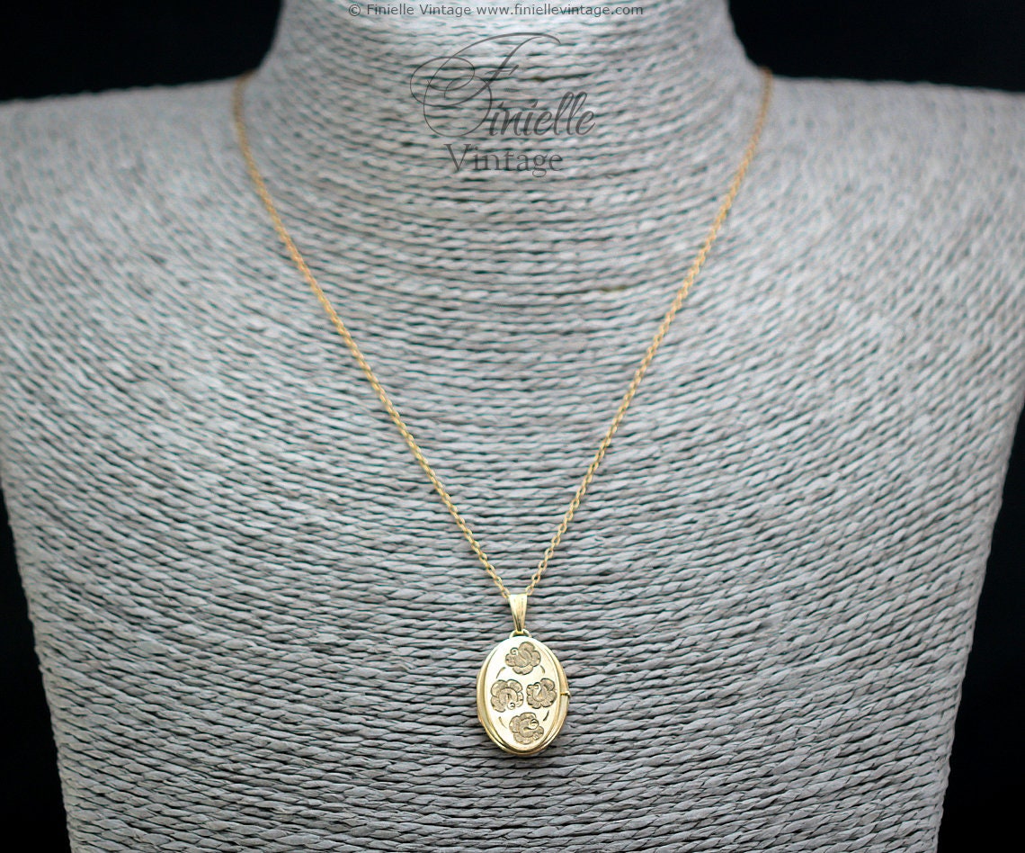 Vintage 1950s 12Ct Rolled Gold Engraved Floral Oval 2 Photo Locket Pendant, 21.2" Necklace, 18Ct Gold Plated Chain, Unique Gift Jewellery