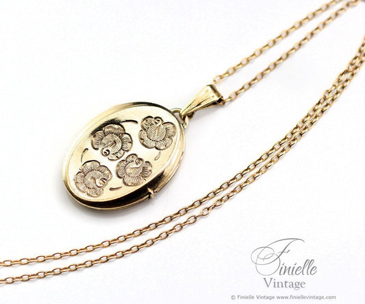 Vintage 1950s 12Ct Rolled Gold Engraved Floral Oval 2 Photo Locket Pendant, 21.2" Necklace, 18Ct Gold Plated Chain, Unique Gift Jewellery