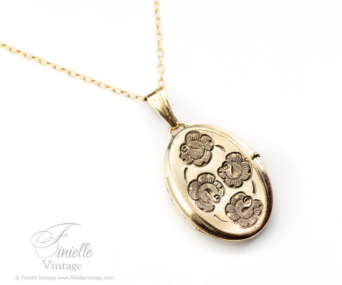 Vintage 1950s 12Ct Rolled Gold Engraved Floral Oval 2 Photo Locket Pendant, 21.2" Necklace, 18Ct Gold Plated Chain, Unique Gift Jewellery