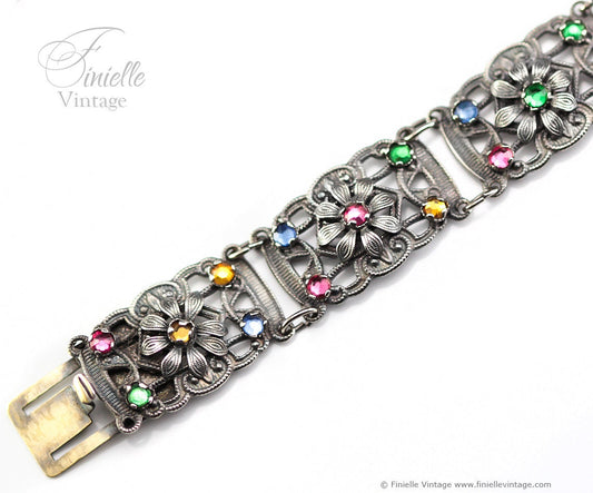 Antique 1920s Art Deco Filigree Floral Seven Panels Bracelet, Multicolor Glass Rhinestones, Silver Plated Brass, Unique Gift Jewellery