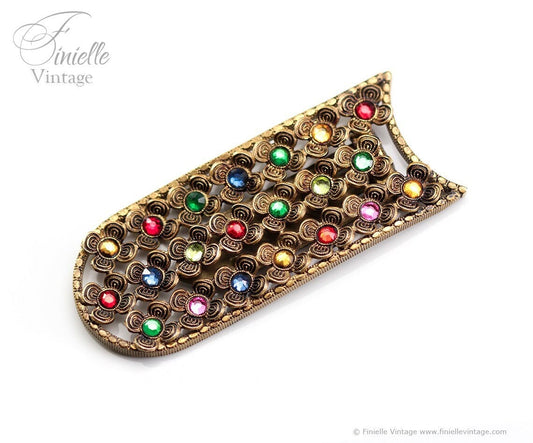 Antique 1920s Art Deco Czech Bohemian Filigree Ornate Brooch Dress Clip, Multicolor Crystal Rhinestones, Unique Jewelry Jewellery