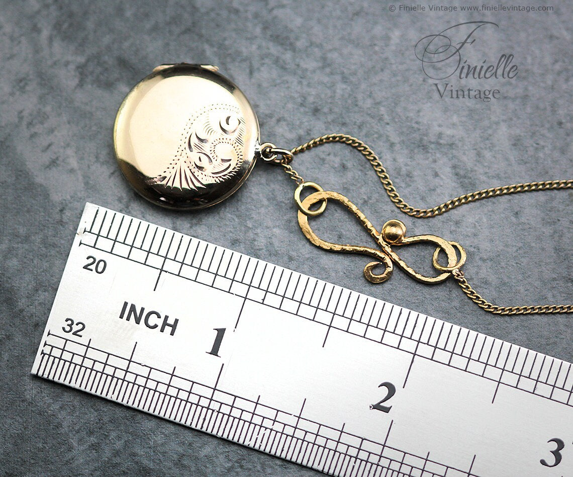 Vintage 1970s 12Ct Rolled Gold Engraved Floral 2 Photo Round Locket Pendant, 19.3" Necklace, 18Ct Gold Plated Chain, Unique Gift Jewellery