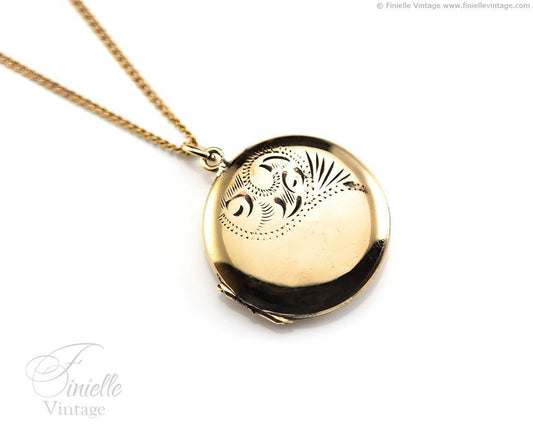 Vintage 1970s 12Ct Rolled Gold Engraved Floral 2 Photo Round Locket Pendant, 19.3" Necklace, 18Ct Gold Plated Chain, Unique Gift Jewellery