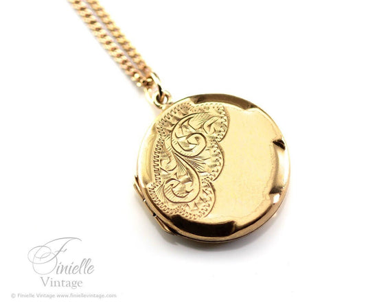 Vintage Art Deco Era 1930s 14Ct Rolled Gold Hand Engraved Ornate Round 2 Photo Locket Pendant, 18.9" Necklace, 18Ct Gold Plated Chain