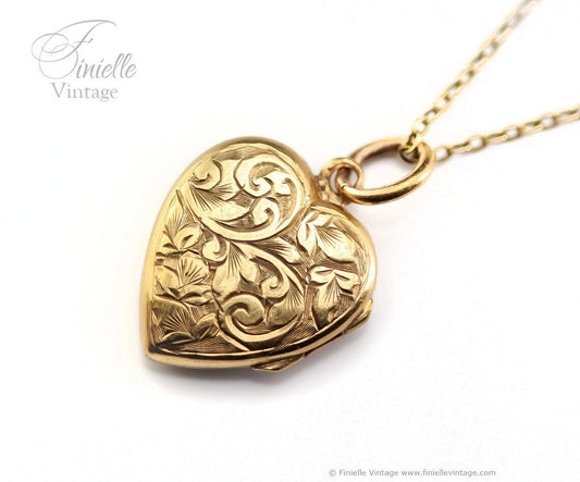 Antique Victorian Era 18Ct Gold Filled, Hand Engraved, Floral Heart 2 Photos Locket Pendant Necklace, 18Ct Yellow Gold Plated 20" Chain