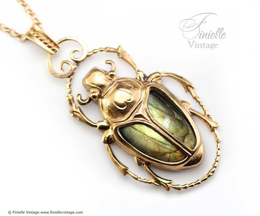 Art Deco Vintage style Egyptian Scarab Large Pendant Necklace, Antique 18Ct Yellow Gold Plated, Green Gold Labradorite, 20.5" Chain