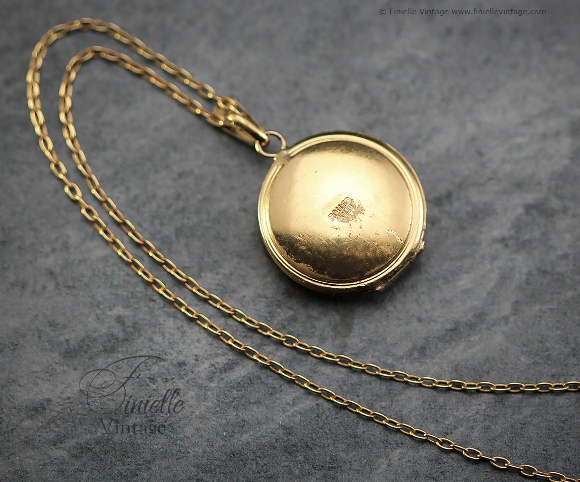 Vintage 1950s 14Ct Rolled Gold Hand Engraved Ornate, Round 2 Photos Small Locket Pendant Necklace, 18Ct Gold Plated 22" Chain