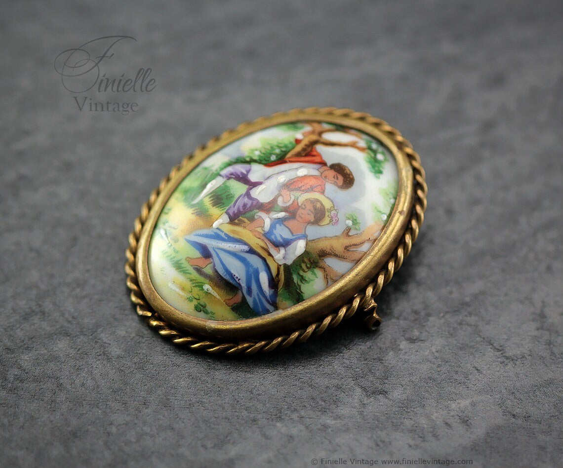 Antique Art Deco Era 1920s Oval Porcelain Picture Brooch Pin, Limoges France, Hand Painted Romantic Scene Outdoors, Unique Antique Gift