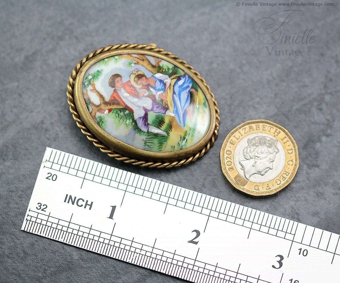 Antique Art Deco Era 1920s Oval Porcelain Picture Brooch Pin, Limoges France, Hand Painted Romantic Scene Outdoors, Unique Antique Gift