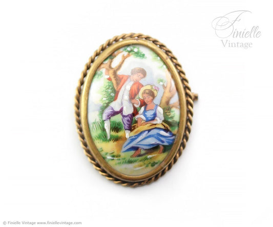 Antique Art Deco Era 1920s Oval Porcelain Picture Brooch Pin, Limoges France, Hand Painted Romantic Scene Outdoors, Unique Antique Gift