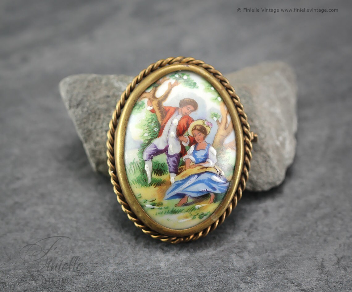 Antique Art Deco Era 1920s Oval Porcelain Picture Brooch Pin, Limoges France, Hand Painted Romantic Scene Outdoors, Unique Antique Gift