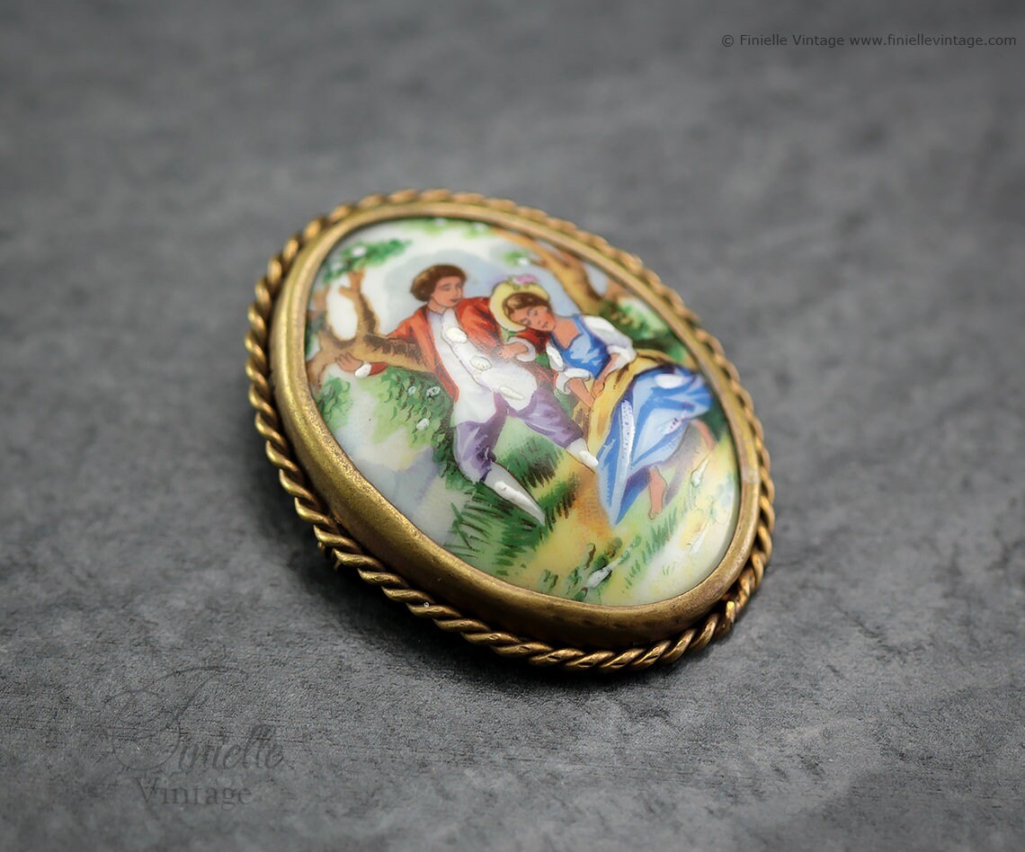 Antique Art Deco Era 1920s Oval Porcelain Picture Brooch Pin, Limoges France, Hand Painted Romantic Scene Outdoors, Unique Antique Gift