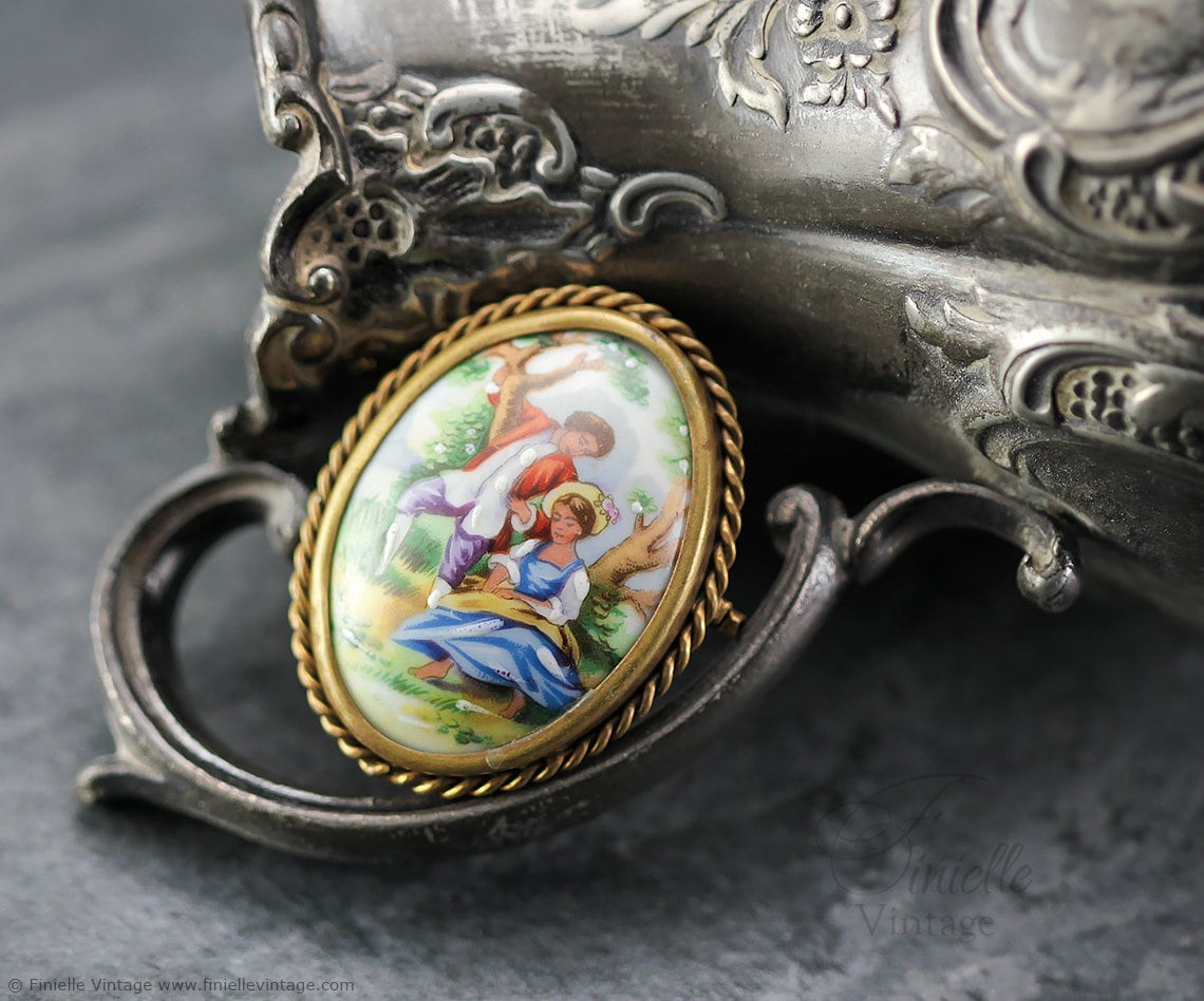 Antique Art Deco Era 1920s Oval Porcelain Picture Brooch Pin, Limoges France, Hand Painted Romantic Scene Outdoors, Unique Antique Gift